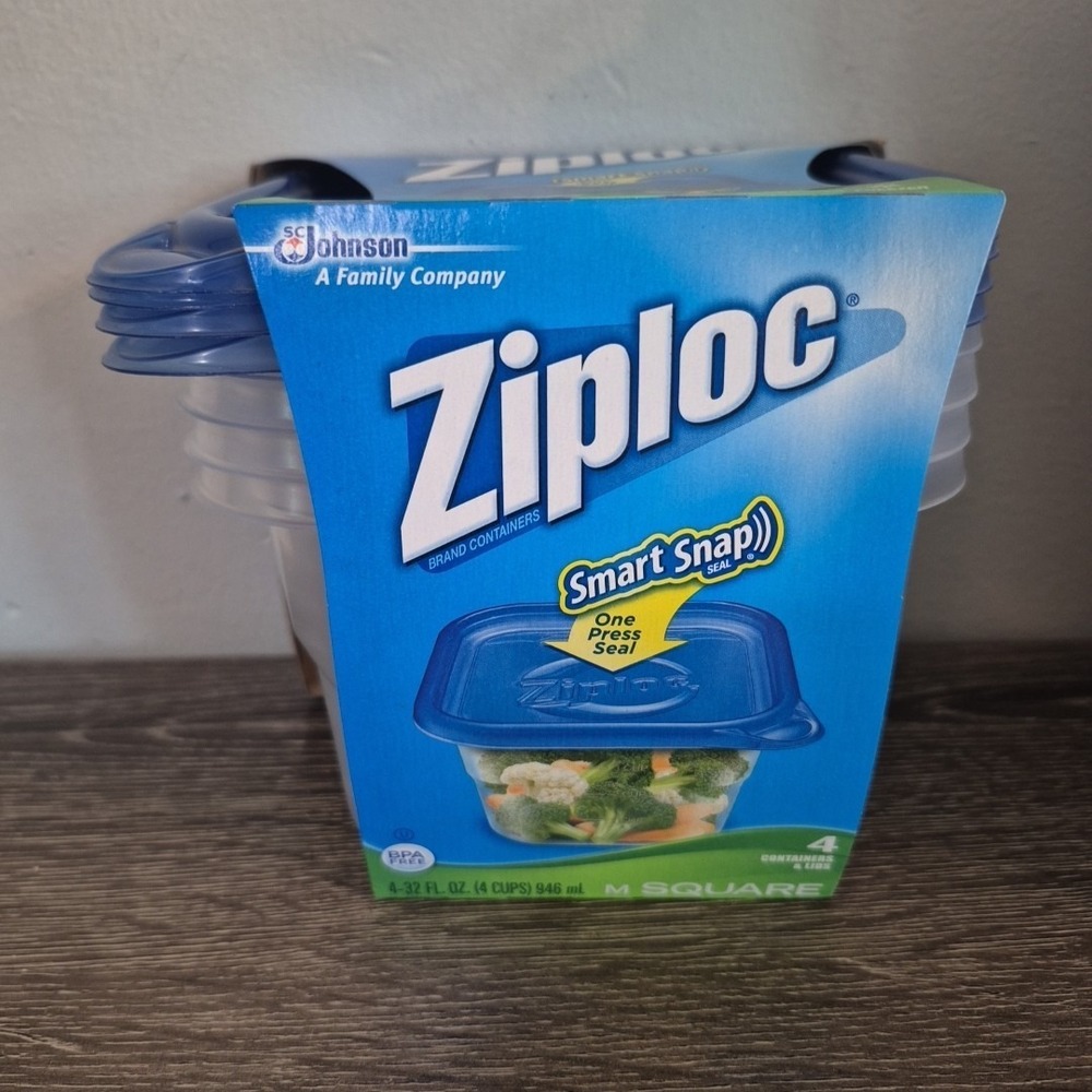 New Ziploc Containers Smart Snap Medium Square 4 Count  32oz/4cups  Clear